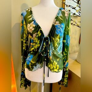 Free People Womens Sheer Green Floral V-neck Long Sleeve Blouse Top Size XS